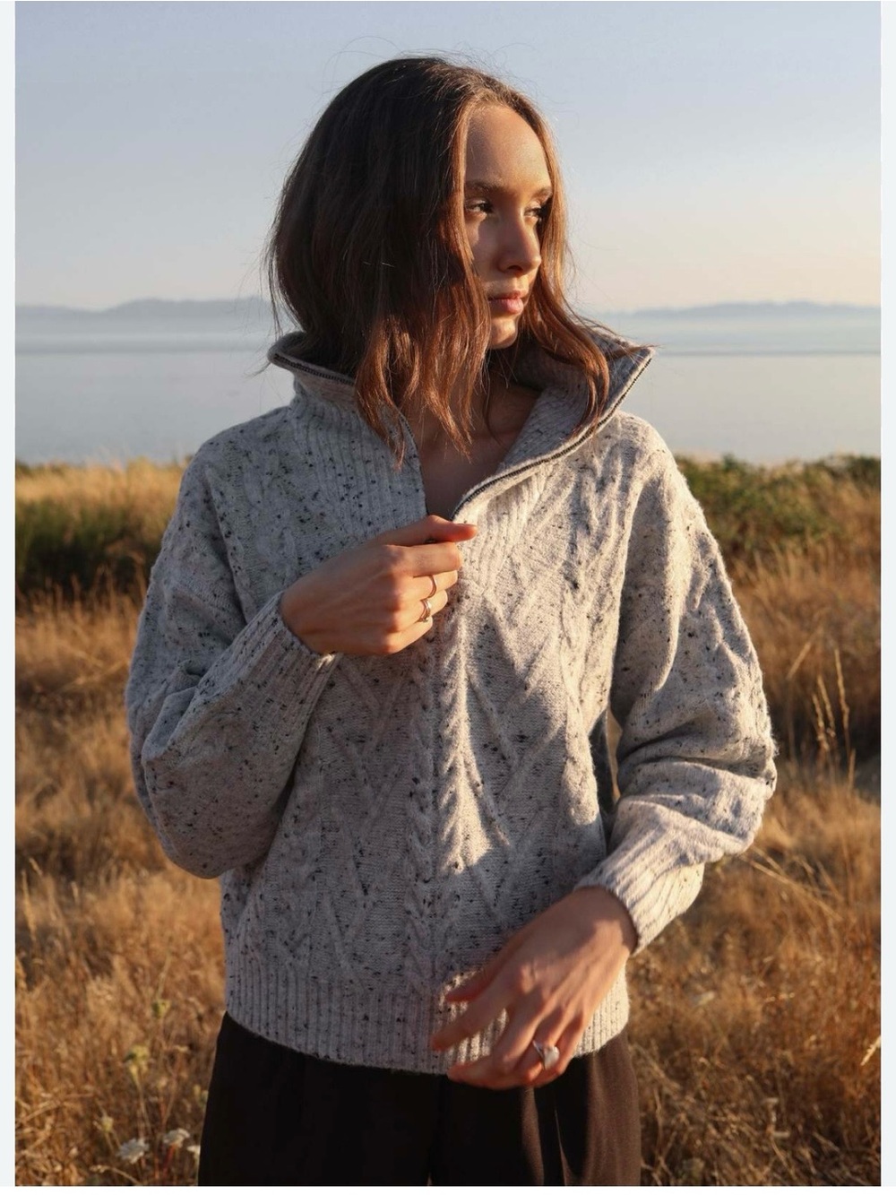 Speckled Light Gray Cable Half-Zip Turtleneck Sweater